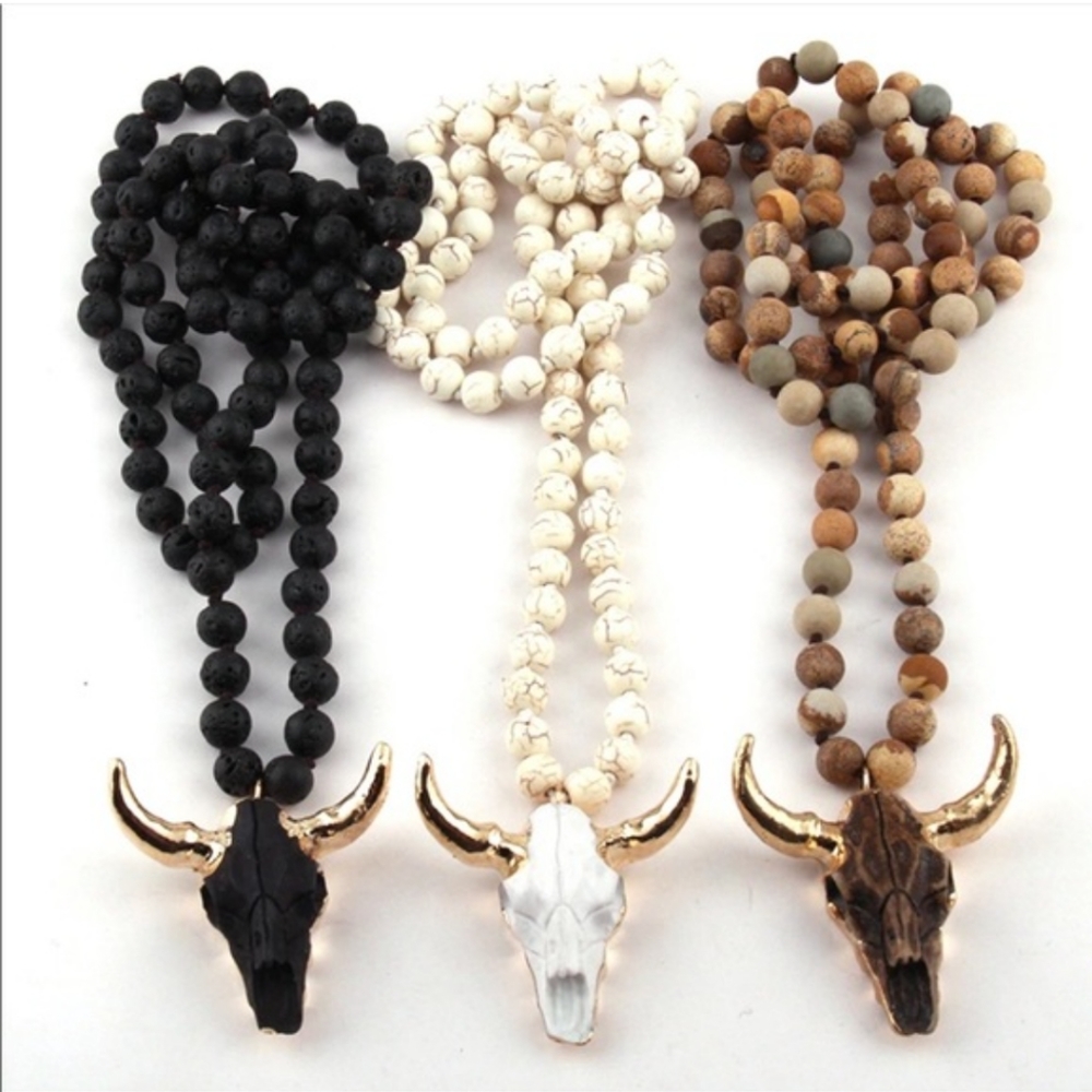 Boho beaded necklace with gold gilt steer skull pendant 36"